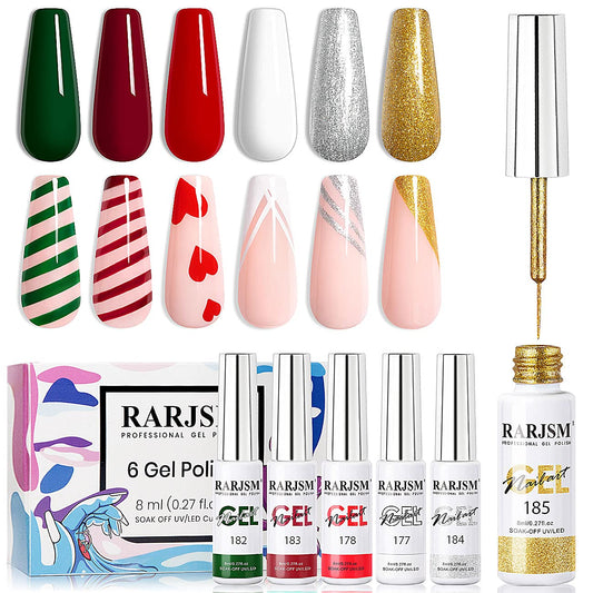 Rarjsm Painting Drawing Liner Pen Gel Nail Polish Set,Silver Gold Glitter Dark Green Red White Nail Art Design Uv Led Gel Polish