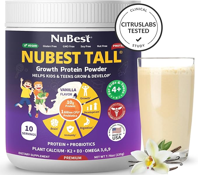 NuBest Tall Protein Powder for Kids & Teens - Vegan Vanilla Protein Powder Shake with Organic Red Algae Calcium, Probiotics, Omega 3-6-9, Vitamin D3 + K2 & Magnesium from Marine Algae - Pack 4
