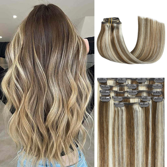 Honsoo Hair Extensions Light Brown To Blonde Highlights Clip In Hair Extensions Real Human Hair 70G Balayage Double Weft Straigh