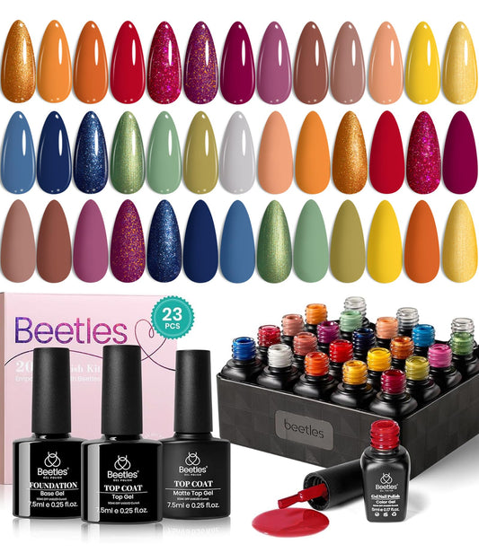 Beetles 20 Colors Gel Polish Set, 23 Pcs Gel Polish Nail Kit Red Blue Green Shades Gel Polish Burgundy Orange Nails Polish With