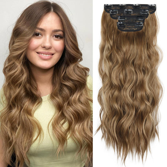 Reddish Brown Mixed Light Brown Curly Wavy Hair Extensions 20 Inch Long Hair Extensions For Women Daily Use(Reddish Brown Mixed