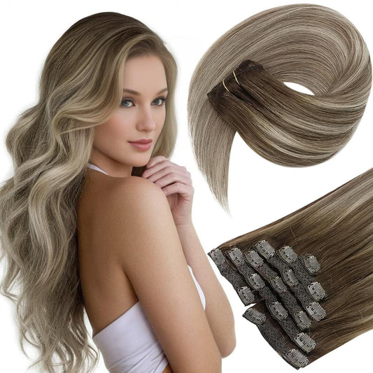 Sunny Clip In Hair Extensions Brown Hair Extensions Clips Dark Brown Ombre Light Brown With Blonde Real Human Hair Clip In Exten