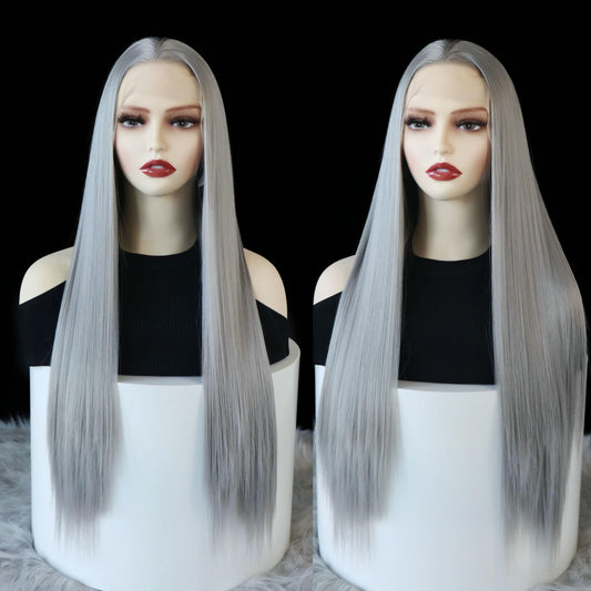 Wxhwcx Grey Synthetic Lace Front Wig Straight Free Part Heat Resistant Fiber Hair Glueless Lace Wigs For Women Natural Hairline