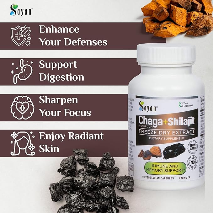 Sayan Siberian Chaga Mushroom Extract with Shilajit 90 Capsules/420mg ea.– Immune and Digestion System Support – Fulvic Acid Supplement – Energy & Clarity – Exclusive Blend – No Fillers