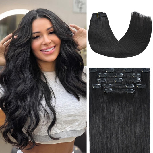 Honsoo Black Clip In Hair Extensions Real Human Hair Natural Black 70G 7Pcs 15Inch Straight Real Clip In Natural Hair Extensions