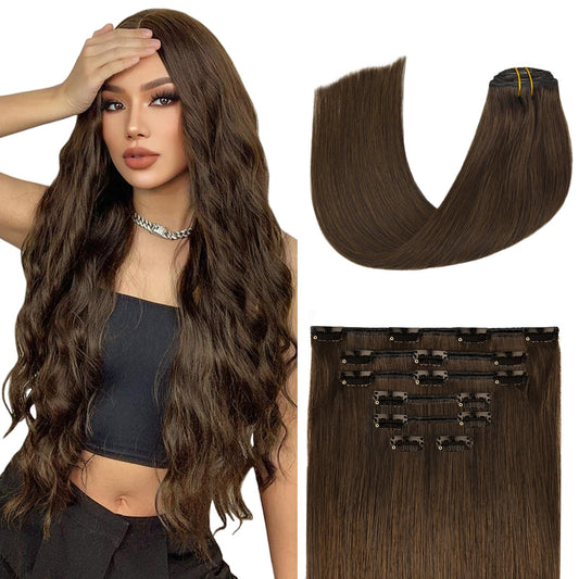Clip In Human Hair Extensions 115G Medium Brown 100% Real Human Hair Clip In Extensions Soft Silky Straight 7Pcs 16Clips One Pac