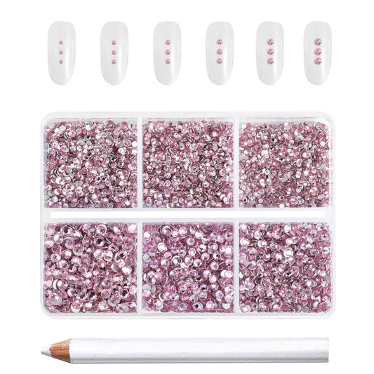 Beadsland 7200pcs Flatback Rhinestones,Pink Rhinestones Nail Gems Round Crystal Rhinestones for Crafts,Mixed 6 Sizes with Wax Pe