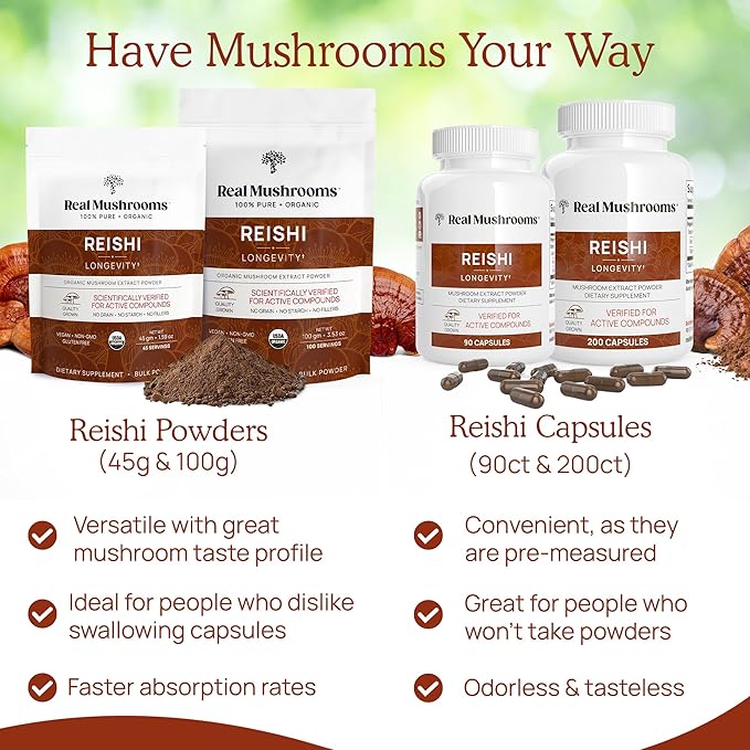 Real Mushrooms Reishi Capsules - Organic Mushroom Extract Supplement with Potent Red Vegan Supplement, Non-GMO, 90 Caps