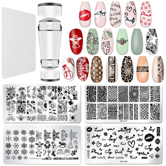 Nail Stamper Plate Kit, 4 Pcs Nail Stamping Plates + Dual-End Silicone Nail Art Stamper + Scraper, Chrsitmas Elements & Butterfl