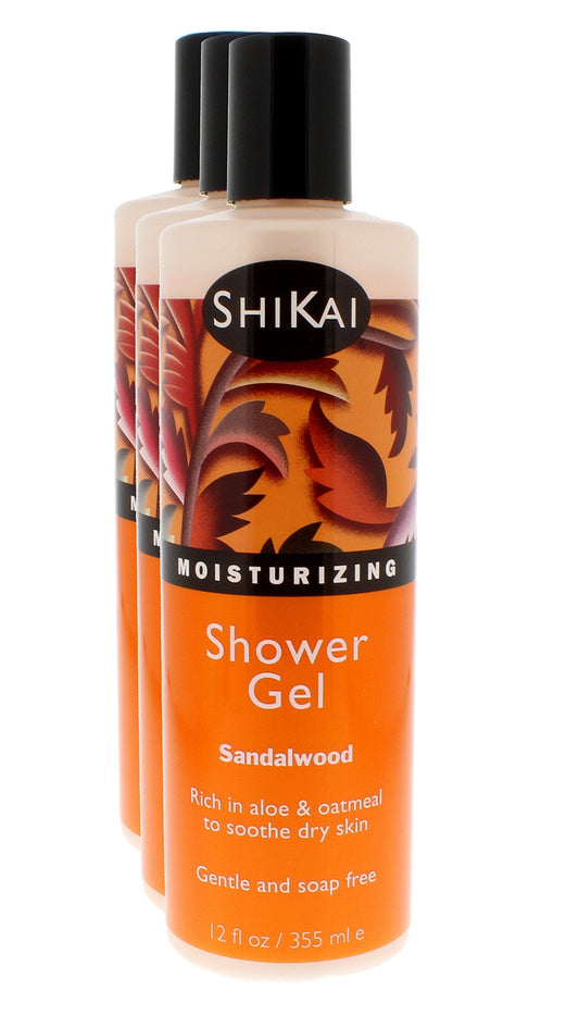 Shikai Daily Moisturizing Shower Gel (Sandalwood, 12Oz, Pack Of 3) | Gentle Formula | Aloe Vera & Oatmeal For Soft, Healthy Skin