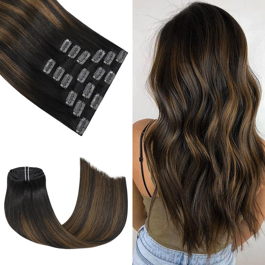 Honsoo Hair Extensions Clip In 22In Long Real Human Hair Extensions, Dark Brown Mixed Medium Brown 120G 7Pcs Silky Straight Huma