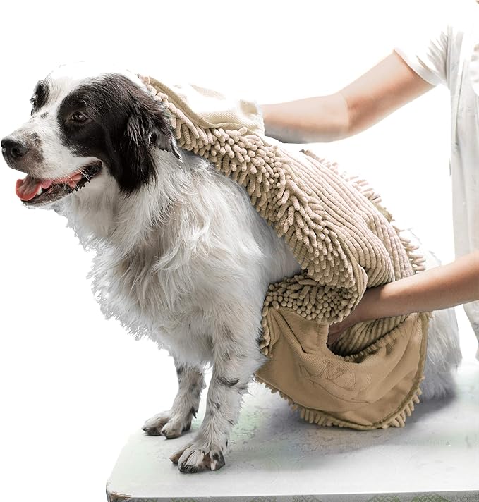 Tuff Pupper Quick Dry Towel for Dogs | Ultra Absorbent Microfiber Shammy | Extra Large 35x15 Size for All Breeds | Comfortable Hand Pockets | Indoor Outdoor Use | Durable Material | Machine Washable