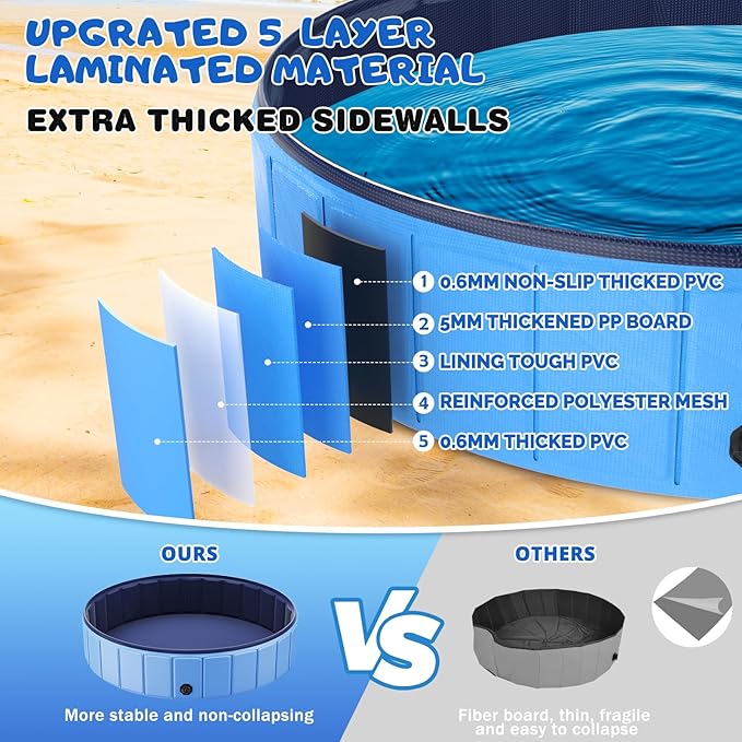 Foldable Dog Swimming Pool, Totiro 91"x16" Oversize Collapsable Hard Plastic Portable Bathing Tub for Pet Dog Kiddie Pool Indoor and Outdoor Leakproof PVC Play Pool for Large Dogs Pets Puppy Kids Blue
