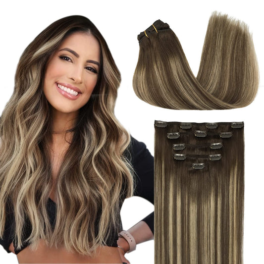 Doores Clip In Human Hair Extensions, 5Pcs 80G 20 Inch Balayage Chocolate Brown To Honey Blonde, Straight Long Hair Extensions R