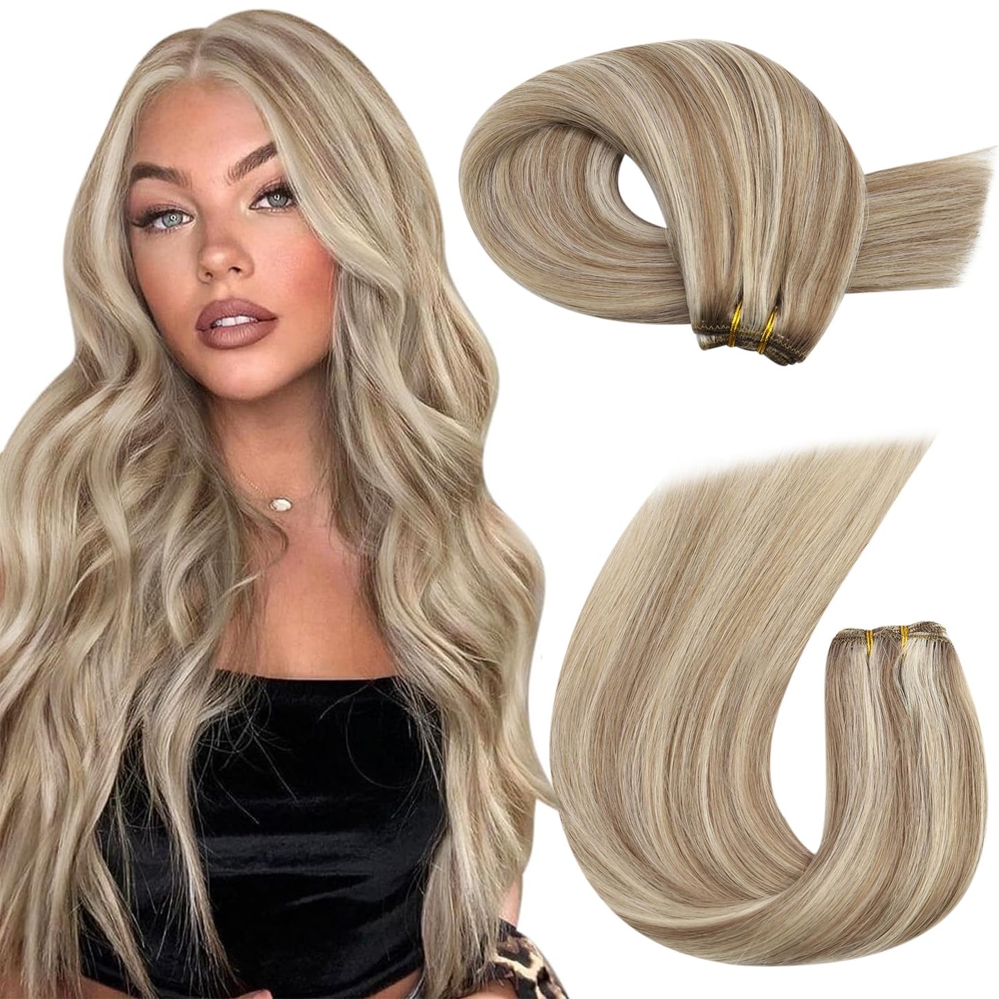 Moresoo Weft Hair Extensions Human Hair Highlighted Brown Hair Extensions Sew In Weft Human Hair Light Brown Highlight With Blon