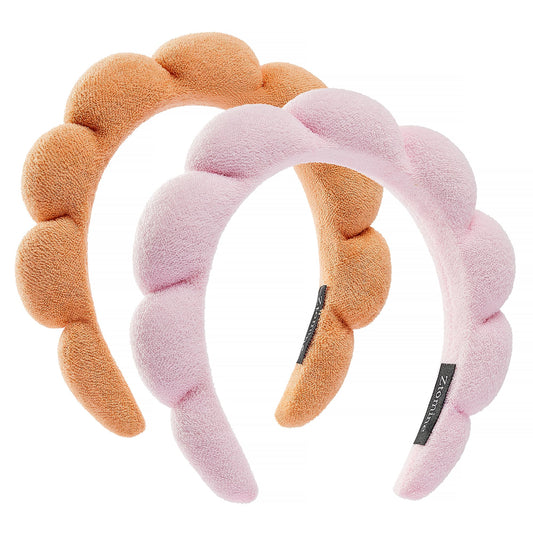 Ztomine Spa Headbands, Set Of 2 - Terry Cloth Face Wash Headbands For Women - Puffy Makeup Headbands For Facial, Mask (Pink, Ora