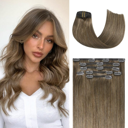 Honsoo Hair Extensions Clip In Human Hair Extensions, Ash Brown Clip In Human Remy Hair Extensions 70G 7Pcs 12Inch Silky Straigh