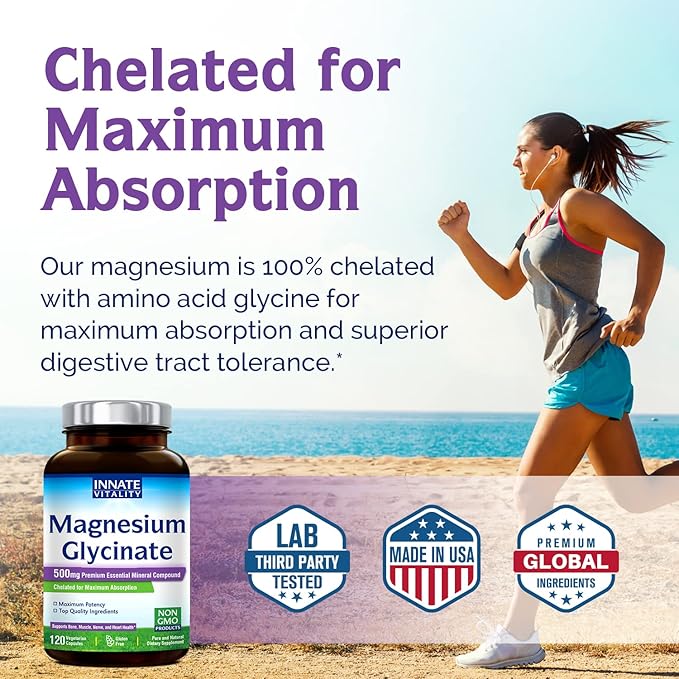 Innate Vitality Magnesium Glycinate 500mg | 70mg Elemental Magnesium Supplement- High Absorption, Non Buffered, Non-GMO & No Gluten - Nerve, Muscle, Bone Health - 120 Vegan Capsules Magnesio
