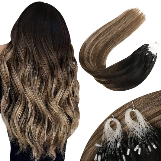 Sunny Hair Micro Link Hair Extensions Human Hair Black Micro Beads Hair Extensions Black Balayage Dark Brown Ombre Medium Ash Bl