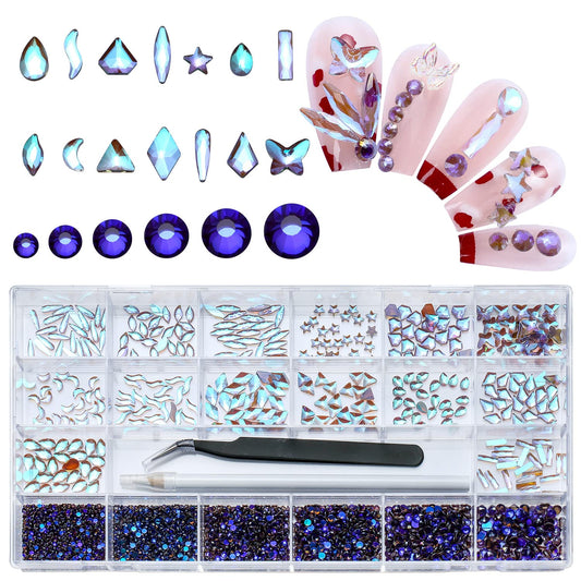 Nibiru 3830Pcs Purple Multi Shapes Rhinestones Glass Diamonds Kit For Nail Art Jewels Decoration,Shiny Flatback Mix Size With Wa