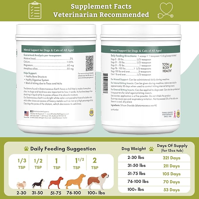 Wholistic Pet Organics DE for Dogs Organic Food Grade for Dogs - 13 Oz - Safe Non-Chemical Freshwater Silica Improves Overall Health
