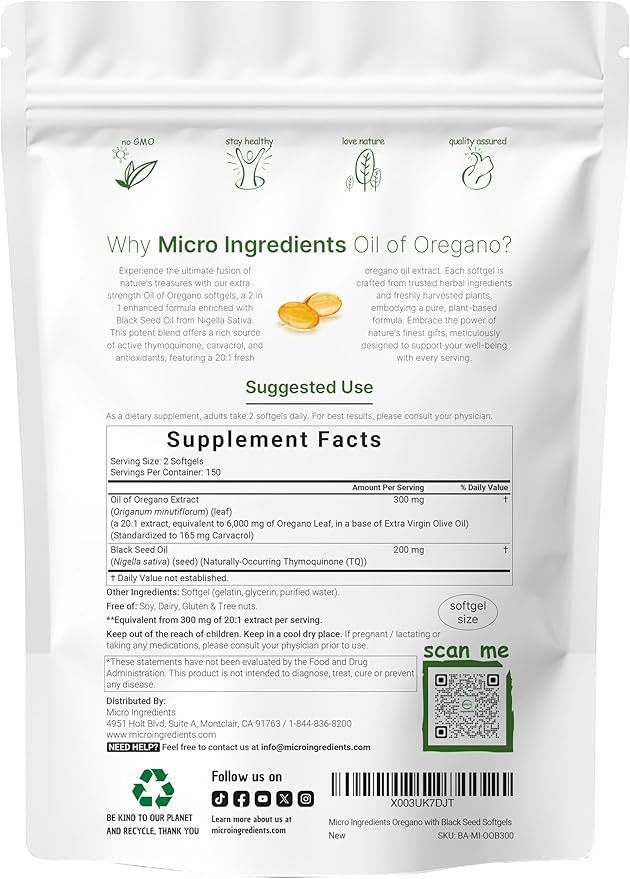 Micro Ingredients Oil of Oregano 6,000mg & CoQ10 100mg Softgels Bundle 2 Pack | 4X Strength Thymoquinone + Black Seed Oil | High Absorption Ubiquinone with Coconut MCT Oil