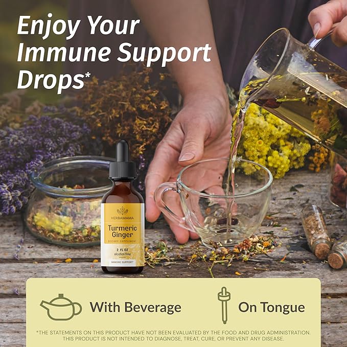 HERBAMAMA Liquid Drops Kit - Bundle of Liquid Immune Support Drops & Turmeric with Ginger Tincture 2 fl oz - Vegan, Non-GMO, Sugar & Alcohol-Free - 2 Pack