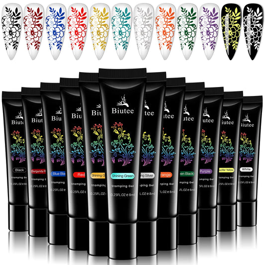 Seisso Stamp Nail Polish Gels, 12 Colors Stamping Gels Black White Glitter Green/Silver/Golden For Nail Stamp Plate Stamper