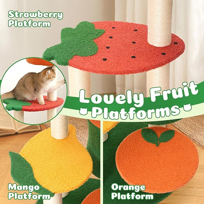 Happy & Polly Cute Cat Tree - 48.4" Fruit World Cat Tower for Indoor Cats, Multi-Level Cat Condo with Sisal Scratching Posts, Private Cave, Plush Strawberry Perches, Perfect Cat Tree Activity Center