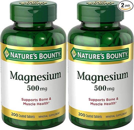 Nature's Bounty Magnesium Supplements 500mg Tablets, Support Bone & Muscle Health, 200 Count (Pack of 2)
