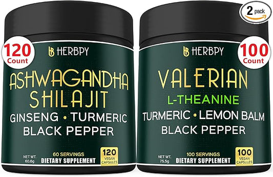 Bundle 5in1 Ashwagandha Shilajit & 5in1 Valerian Root Supplement - Support Relaxation, Healthy Mind & Heart, Digestion and Immune