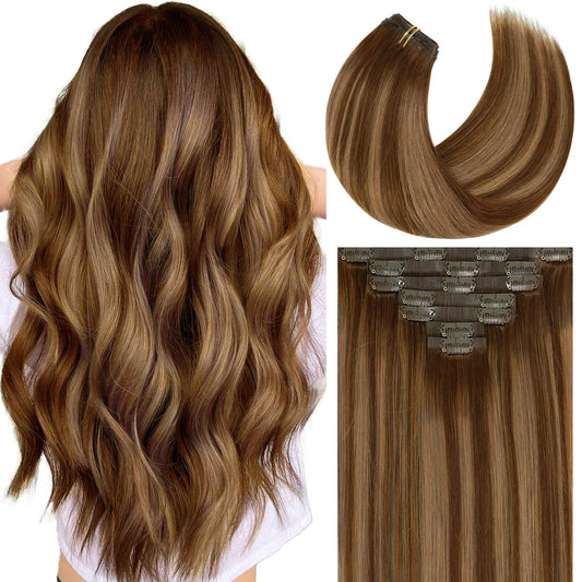 Caliee Seamless Hair Extensions Clip In Human Hair Ultra Thin Double Pu Skin Weft Real Human Hair Extensions R4-4/27 Chocolate B