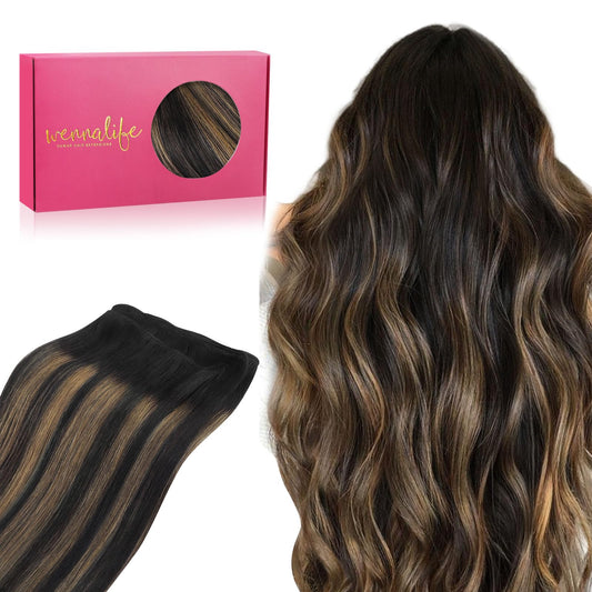 Wennalife Sew In Hair Extensions Real Human Hair, 20 Inch 100G Balayage Natural Black To Chestnut Brown Machine Weft Hair Extens