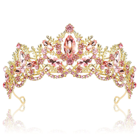 Exacoo Pink Tiara For Women Gold Crown For Girls Wedding Princess Birthday Crystal Rhinestones Headbands For Prom Bridal Party H