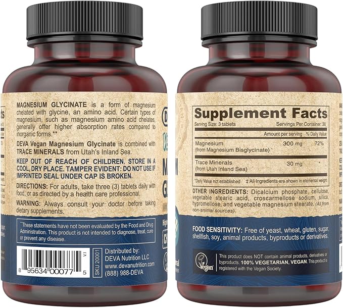 DEVA Vegan Magnesium Glycinate 300mg per serving with Trace Minerals, Higher Absorption, Chelated Magnesium, 90 Tablets