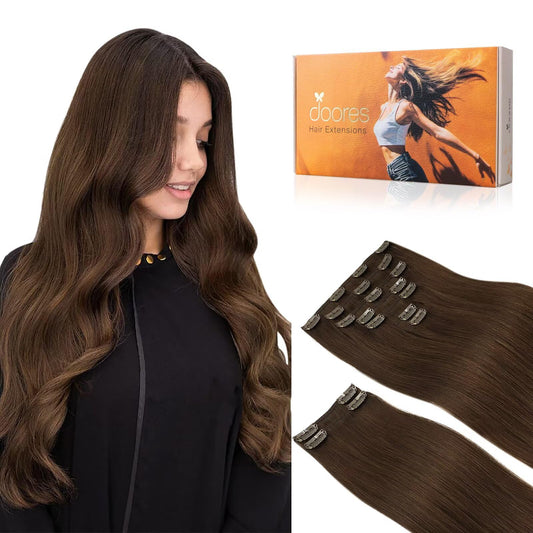 Doores Hair Extensions Real Human Hair, Chocolate Brown 150G 9Pcs 24 Inch, Hair Extensions Clip In Remy Hair Extensions Clip In