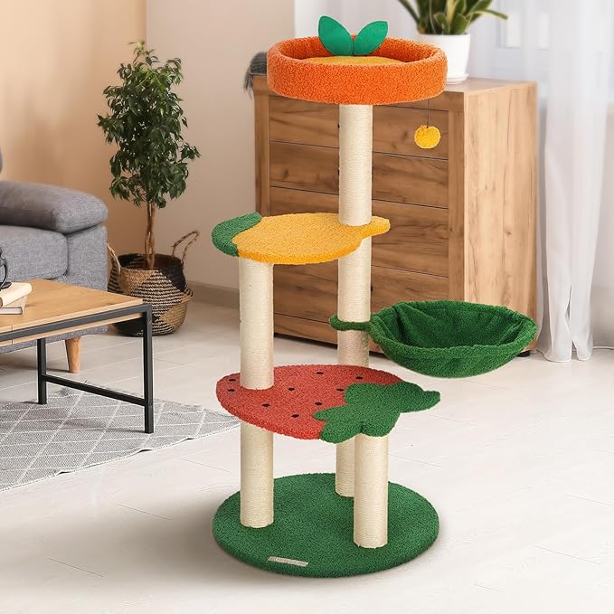 Happy & Polly Cute Cat Tree - 40.5" Fruit World Cat Tower for Indoor Cats, Cat Tree Condo with Sisal Scratching Posts, Cozy Hammock, Plush Strawberry Perches, Kitten Cat Trees Towers Activity Center