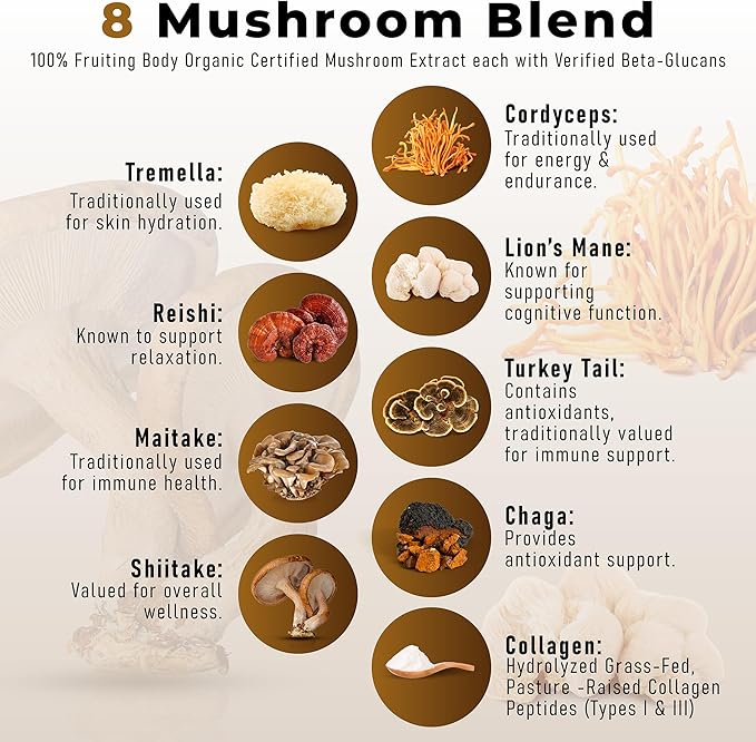 Organic Mushroom Coffee Certified Mold & Mycotoxin-Free GrassFed Collagen Types I & III 8 Fruiting Body Mushrooms Tested for Beta-Glucans Focus Energy Digestion & Immunity 30 Servings