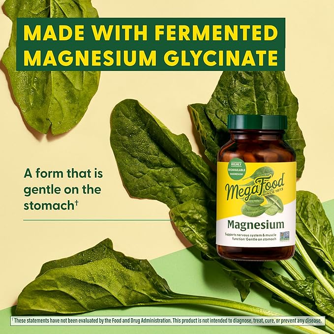 MegaFood Magnesium - Supports heart & nervous system - Magnesium Supplement with fermented Magnesium Glycinate - Vegan, Gluten-Free, Non-GMO and Kosher - Made Without 9 Food Allergens - 60 Tabs