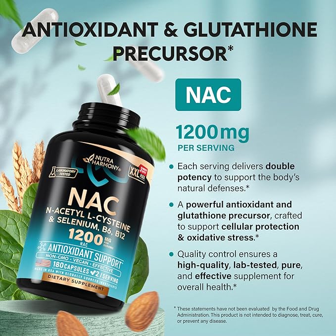 NAC Supplement | Selenium | B6 | B12 - Antioxidant, Immune Support - N Acetyl Cysteine 600 mg per Capsule, 1200 mg per Serving - Made in USA - Non-GMO, Gluten-Free, Vegan - 180 Caps, 3 Month Supply