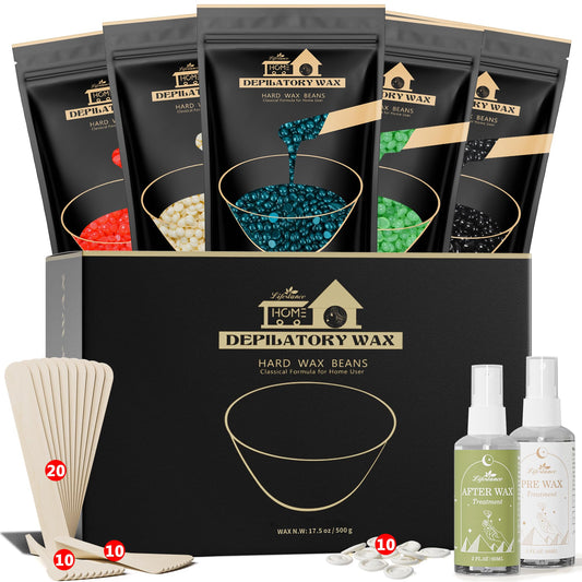 Lifestance Wax Beads Set, 5 Kinds Of Waxing Beads, Hard Wax Beans With 57 Items Silicone Spatulas, Perfect For Any Wax Warmers,