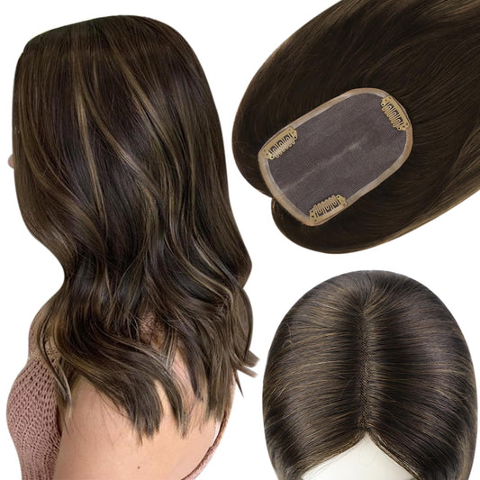 Full Shine Clip In Toppee Silk Human Hair Topper For Women Topper 3 * 5Inch Balayage Color Black With Blonde 12 Inch Hidden Crow