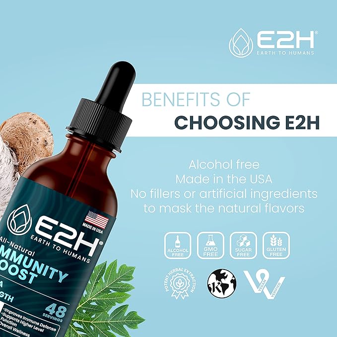 E2H Advanced Immune Defense Supplement - All-Natural Immune Booster - Immune Support Supplements Drops - Contains Holy Basil, Papaya Leaves and Red Banded Polypore - Non-GMO, Vegan - 2 Fl Oz