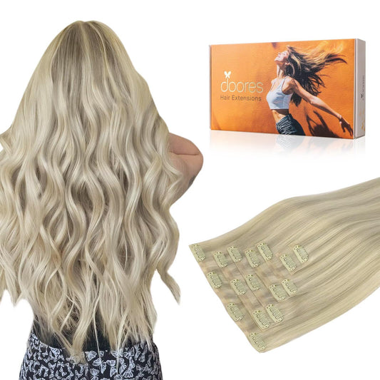 Doores Hair Extensions Human Hair, Ash Blonde Highlighted Platinum Blonde 110G 7Pcs 14 Inch, Seamless Clip In Hair Extensions Ex