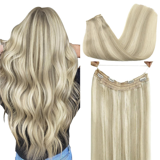 Goo Goo Wire Hair Extensions Human Hair, 17A/60A Ash Blonde Mix Platinum Blonde Highlighted 20Inch 110G, Invisible Wire Hair Ext