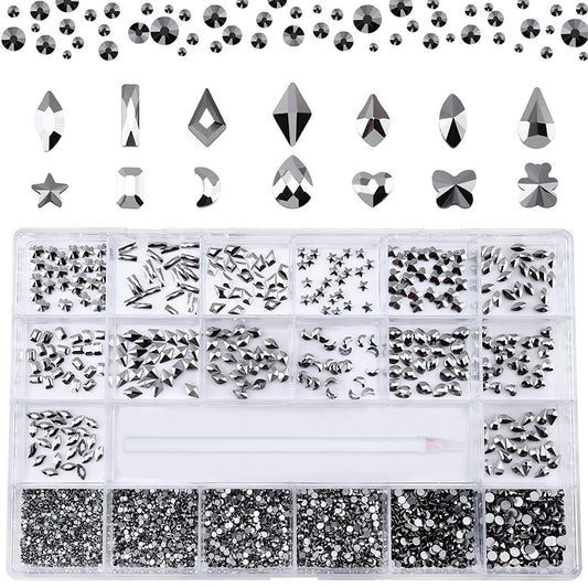 Nibiru 3830Pcs Mineral Black Multi Shapes Rhinestones Glass Diamonds Kit For Nail Art Jewels Decoration,Shiny Flatback Mix Size