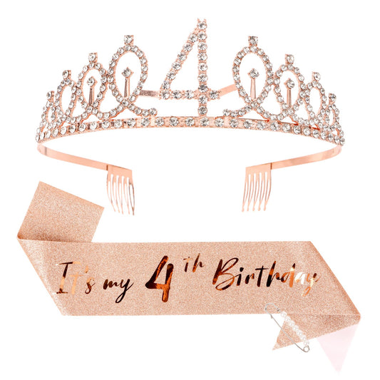 Cieher 4Th Birthday Crown + 4Th Birthday Sash + Pearl Pin Set, It'S My 4Th Birthday Sash, 4 Birthday Tiara, 4Th Birthday Decorat