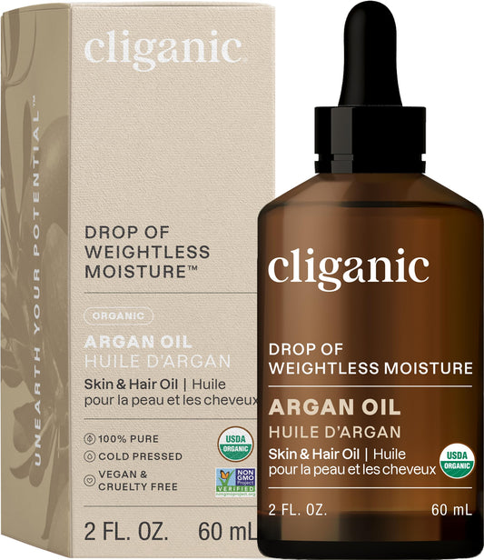 Cliganic Organic Argan Oil, 100% Pure - For Hair, Face & Skin | Cold Pressed Carrier Oil (Packaging May Vary)