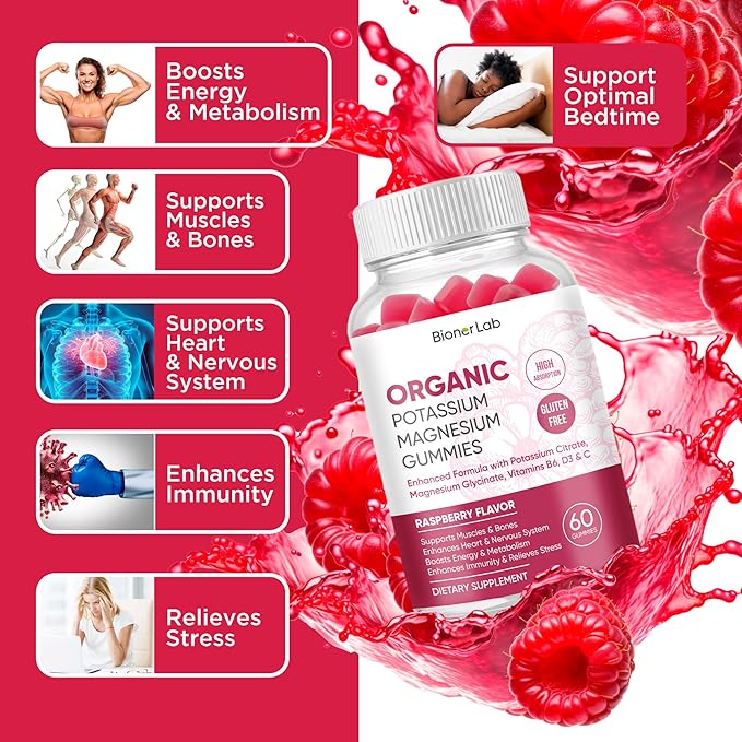 Potassium Magnesium Gummies with Vitamin D3 B6 C - High Absorption Potassium 99mg Magnesium Glycinate 250mg Chewable Supplements for Women Men Adults Kids