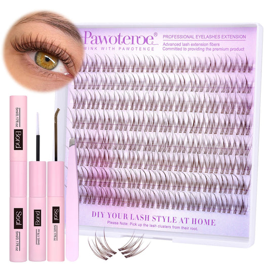 Pawotence Brown Lash Extension Kit Lash Clusters Wispy Invisible Band 10-12Mm Individual Lashes Natural Brown Clusters Eyelash E